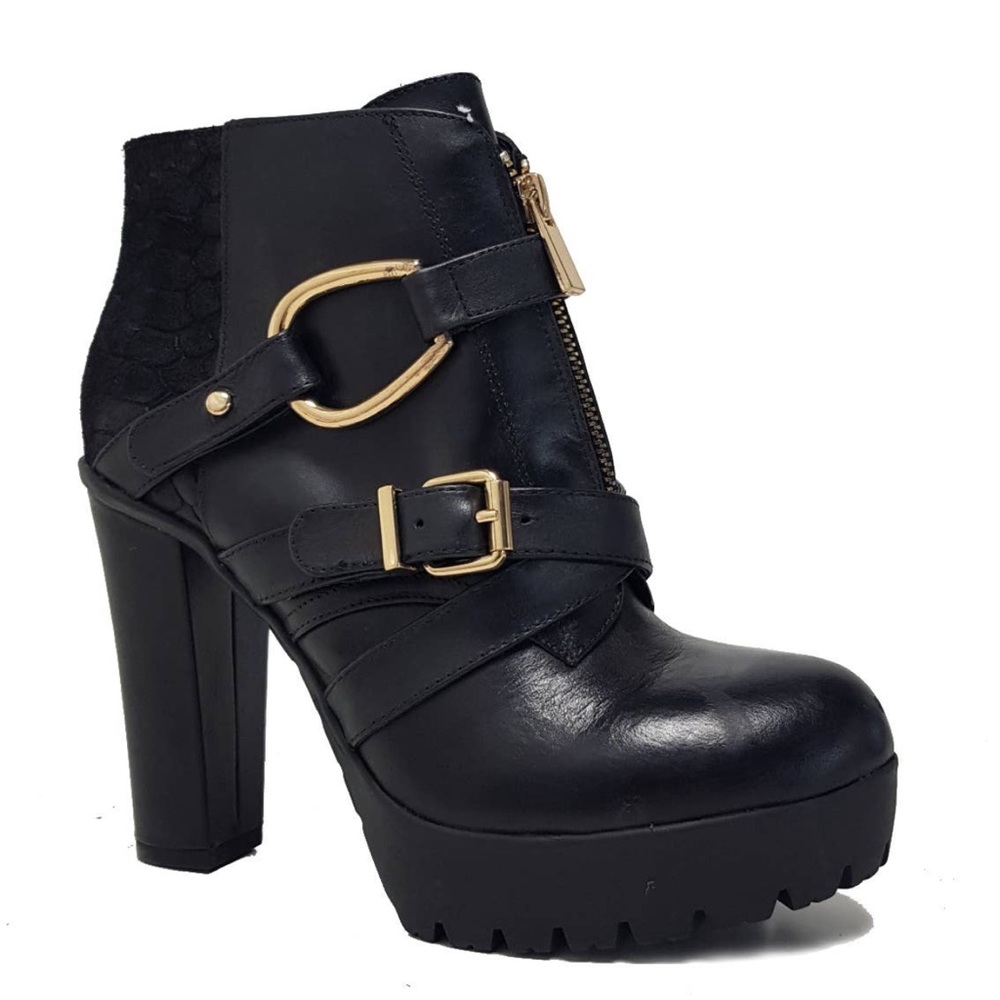 BLACK GENUINE LEATHER AND SNAKESKIN ANKLE BOOTS WITH GOLD BUCKLES - Picture 2 of 3